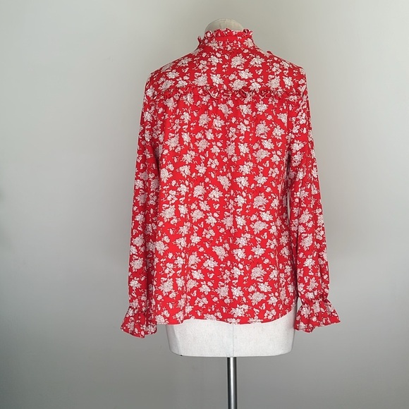 ZARA Floral PEASANT red RUFFLE Luxe Button Down Blouse Tie Top sz Medium - Picture 6 of 7